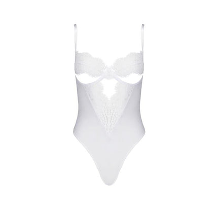 Silentia Body - off-white semi transparent bodysuit with open cup lace floral details, available in sizes S/M, L/XL, XXL/XXXL.
