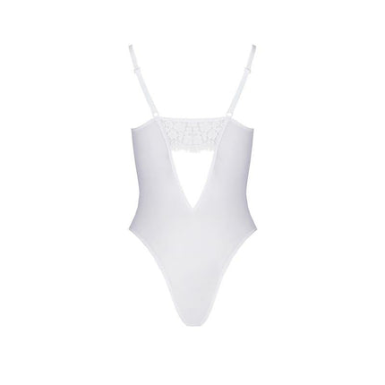 Silentia Body semi transparent off-white bodysuit with open cups and floral lace details, available in various sizes.