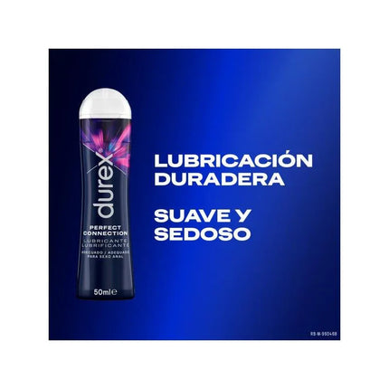 Silicone Base Lubricant Perfect Connect 50ml bottle with text 'Lubricación Duradera, Suave y Sedoso' on a sleek blue background.