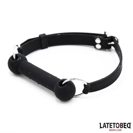 Silicone Bone Gag Adjustable, black body-safe silicone, adjustable for comfortable intimate play, featuring 13 cm bone length.