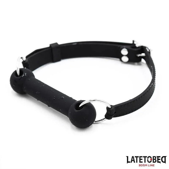 Silicone Bone Gag Adjustable, black body-safe silicone, adjustable for comfortable intimate play, featuring 13 cm bone length.