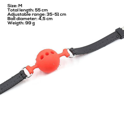 Silicone Breathable Gall Ball M - 4.5 cm with adjustable strap for BDSM play, featuring a red silicone ball gag with holes.