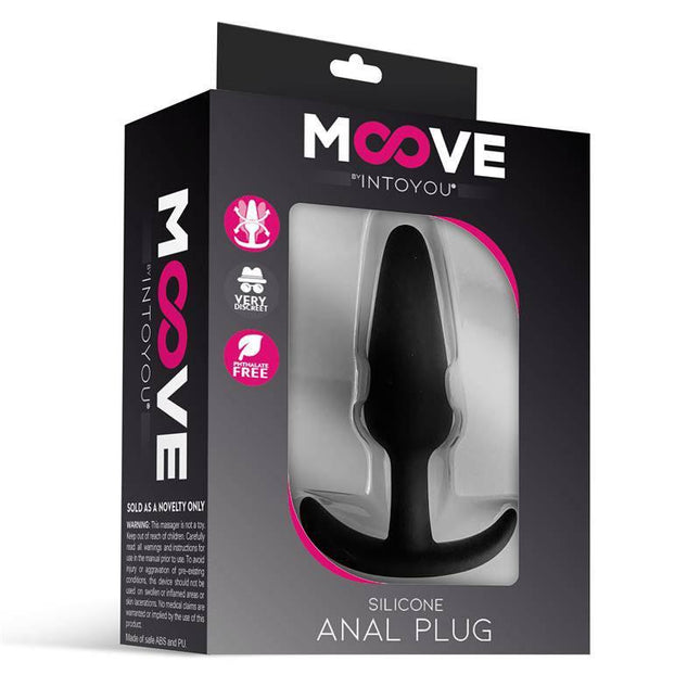 Silicone Butt Plug Small Black by Moove in packaging displayed against a white background.