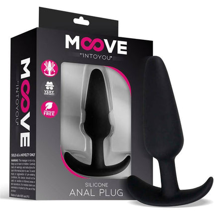 Silicone Butt Plug Small Black packaging by Moove, featuring a beginner-friendly anal toy with flexible, body-safe silicone design.