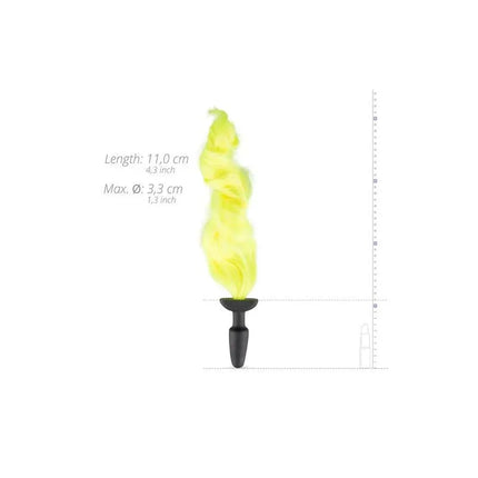 Silicone Butt Plug With Tail - Yellow featuring a smooth silicone shaft with a vibrant yellow tail, dimensions displayed for reference.