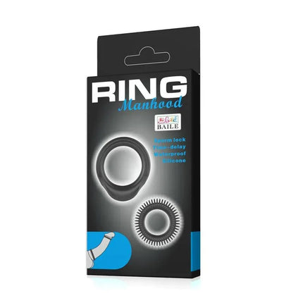 Silicone Cock Ring Set - Manhood Set of 2 packaging with elastic silicone rings for enhanced performance and comfort.