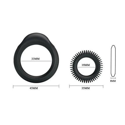 Silicone Cock Ring Set - Manhood Set of 2 showing two different ring designs with measurements displayed in millimeters.