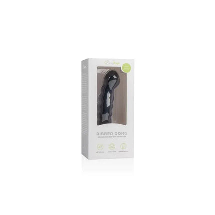 Silicone Dildo - Black in packaging with ribbed texture and suction cup for anal play
