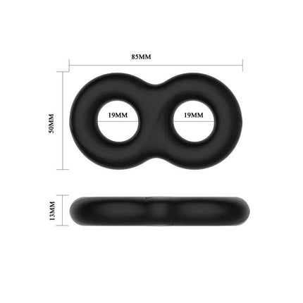 Silicone Double Cock Ring for Enhanced Pleasure with double-ring design and ultra-soft silicone material shown in measurements.