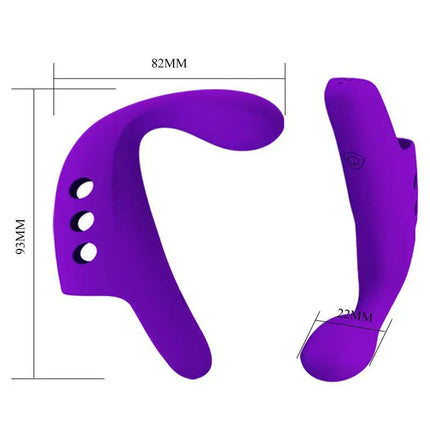 Silicone Gorgon Fingering Vibrator with dimensions shown, featuring purple color and ergonomic design for targeted stimulation.