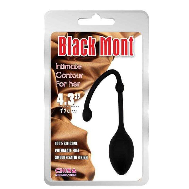 Black Mont silicone vaginal exercise ball with 11cm length, phthalate-free design, featuring a smooth satin finish.