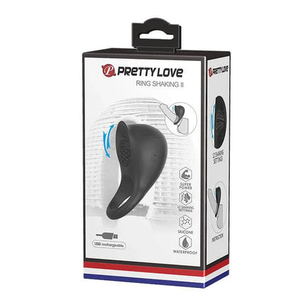 Silicone Vibrating Cock Ring with Licking Function in packaging, featuring dual-stimulation design for enhanced pleasure.