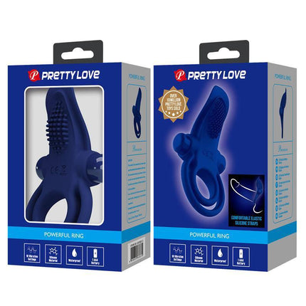 Silicone Vibrating Penis Ring with 10 Modes packaging by Pretty Love, showcasing features and 10 vibration patterns.