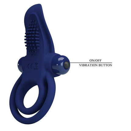 Blue Silicone Vibrating Penis Ring with 10 Modes featuring an on/off vibration button, designed for shared pleasure and comfort.