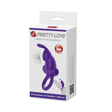 Silicone Vibrating Rabbit Cock Ring in packaging with purple design for enhanced stimulation and comfort.