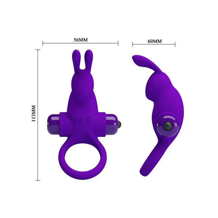 Silicone Vibrating Rabbit Cock Ring in purple with rabbit design, featuring measurements for precise fit and comfort.