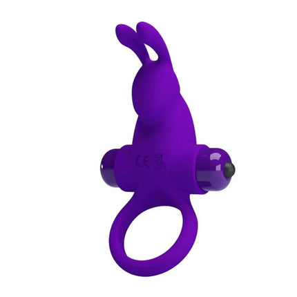 Silicone Vibrating Rabbit Cock Ring in vibrant purple with rabbit ear design for enhanced stimulation and comfort, made from body-safe silicone.