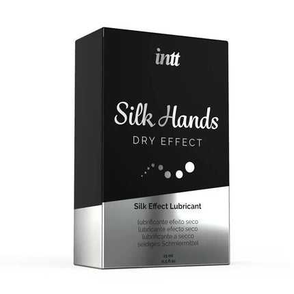 Silky Hands Dry Effect Lubricant 15 ml box with black and silver design, silicone-based intimacy product with dry finish.