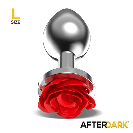 Silver Metal Anal Plug with Red Rose Base Size L by Afterdark