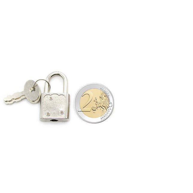 Silver Padlock with Keys next to a 2 euro coin for size comparison, ideal for BDSM play and restraints. Metal, silver color.