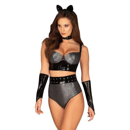 Model wearing Silveria 5 Piece Set with bra, high-waisted briefs, belt, ears, choker, and gloves for chic, bold fashion statement.