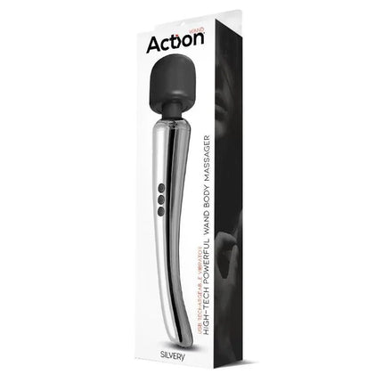 Silvery High-Tech Wand Super Powerful Wireless USB Chrome Silicone in packaging.