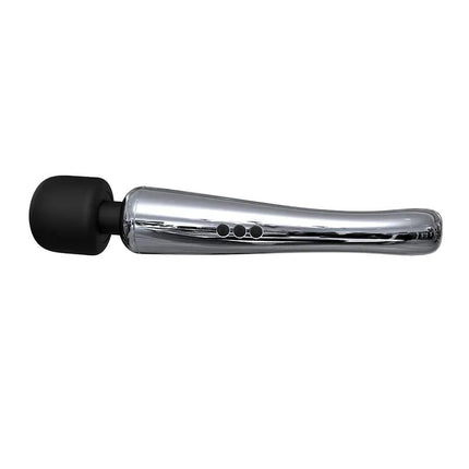 Silvery High-Tech Wand Super Powerful Wireless USB Chrome Silicone massager with ergonomic design and black silicone head.