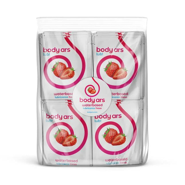 Single-dose Water-Based Lubricant Gel Acid Strawberry 100 x 4ml packets in a clear bag for smooth and lasting lubrication.