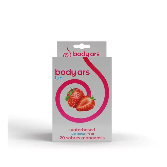 Single-dose Water-Based Lubricant Gel Acid Strawberry 20 x 4 ml packaging with strawberry image by Body Ars.