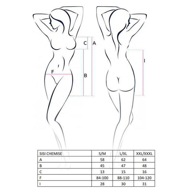 Size chart illustration for Sisi Chemise Pink with measurements for A, B, C, F, and I in S/M, L/XL, XXL/XXXL.
