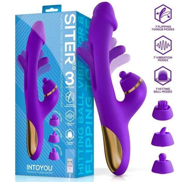 Purple dual action vibrator with packaging, featuring multiple modes for a customizable experience.