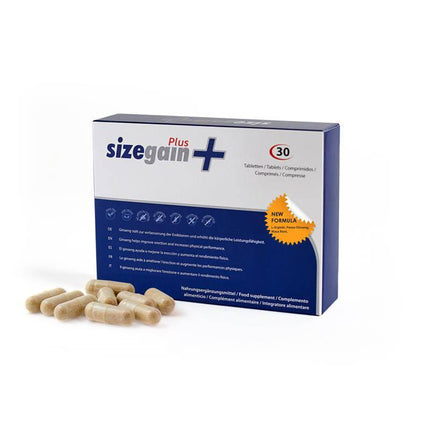 SizeGain Plus male enhancement supplement box with capsules, new formula.