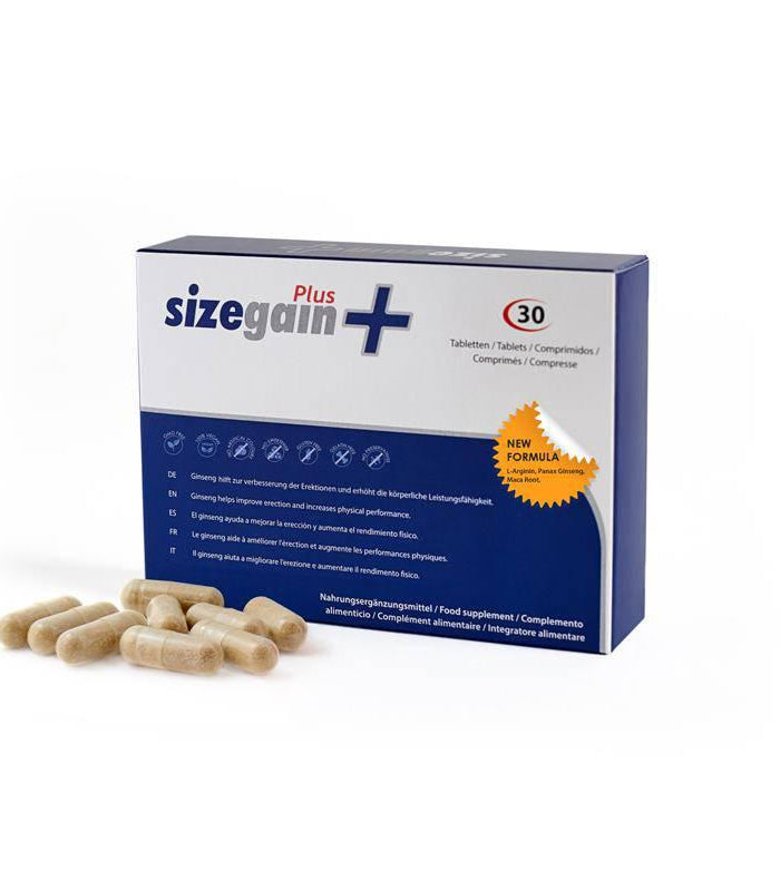 SizeGain Plus male enhancement supplement box with capsules, new formula.