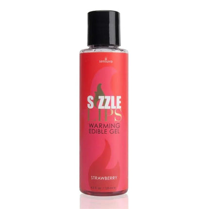 Sizzle Lips Edible Warming Gel Strawberry 125 ml bottle, enhances intimate moments with warming, strawberry-flavored experience.