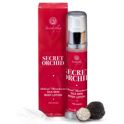 Skin Lotion Secret Orchid Without Lilial 50 ml bottle and packaging with truffle, silk effect, pheromone-enhanced sensual appeal.