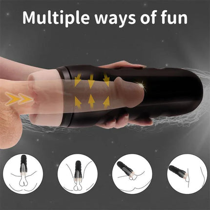 Skye Manual Male Masturbator in use showing multiple functions with a black discreet case and lifelike feel for private moments.