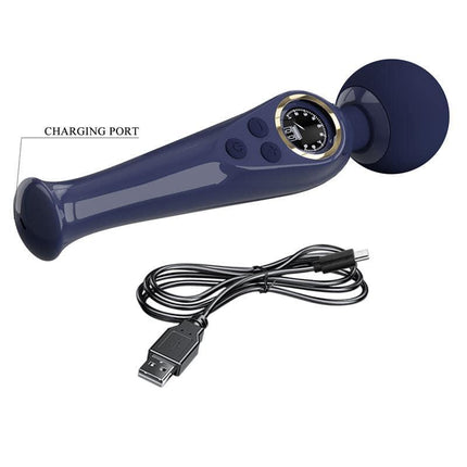 Blue Skyler Massager Wand with Digital Screen and USB cable, featuring a powerful motor and 10 vibration functions for muscle relief.
