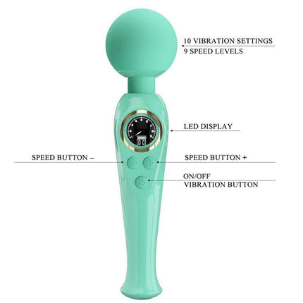 Skyler Massager Wand with Digital Screen Green showing buttons and display with 10 vibration settings and 9 speed levels
