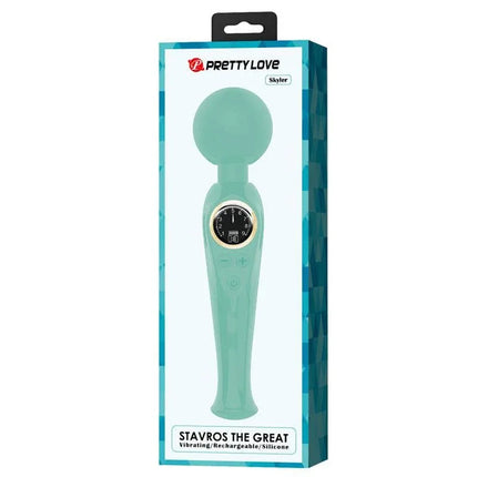 Skyler Massager Wand with Digital Screen Green in packaging, featuring powerful motor and 10 vibration functions for targeted relaxation.