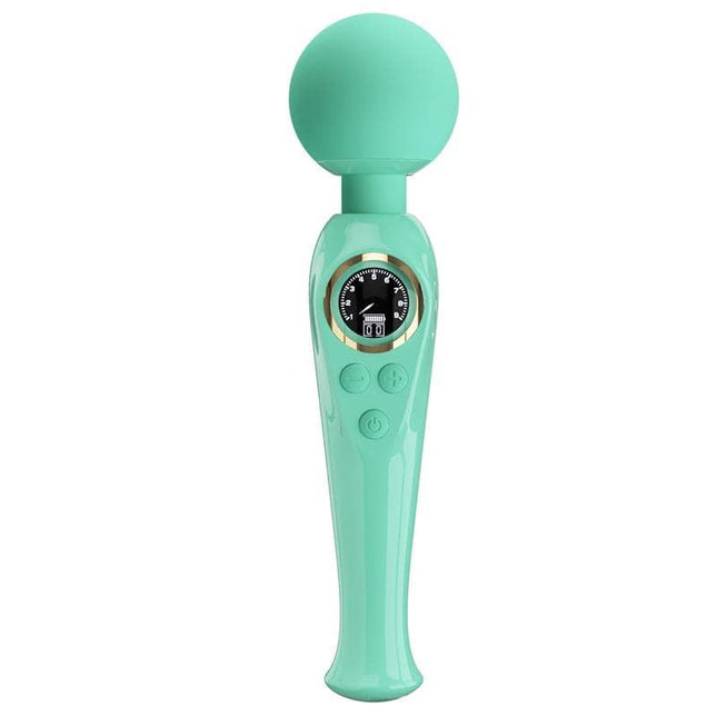 Skyler Massager Wand with Digital Screen Green, handheld massager with broad head, flexible neck, and digital display for relaxation.
