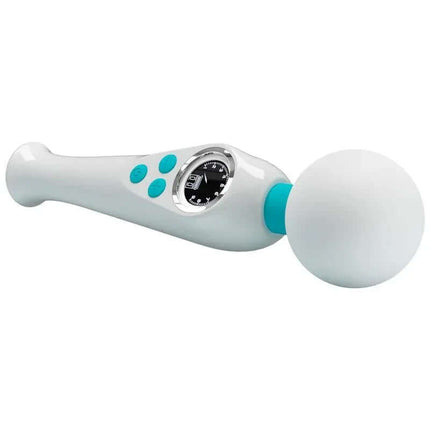 Skyler Massager Wand with Digital Screen White, featuring a broad head and flexible neck for targeted relief and extended use.