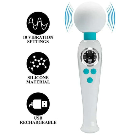 Skyler Massager Wand with Digital Screen White, featuring 10 vibration settings, silicone material, and USB rechargeable design.