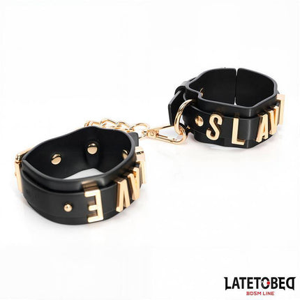 SLAVE Ankle cuff with Golden Chain featuring durable PU and metal design for BDSM enthusiasts by Latetobed.