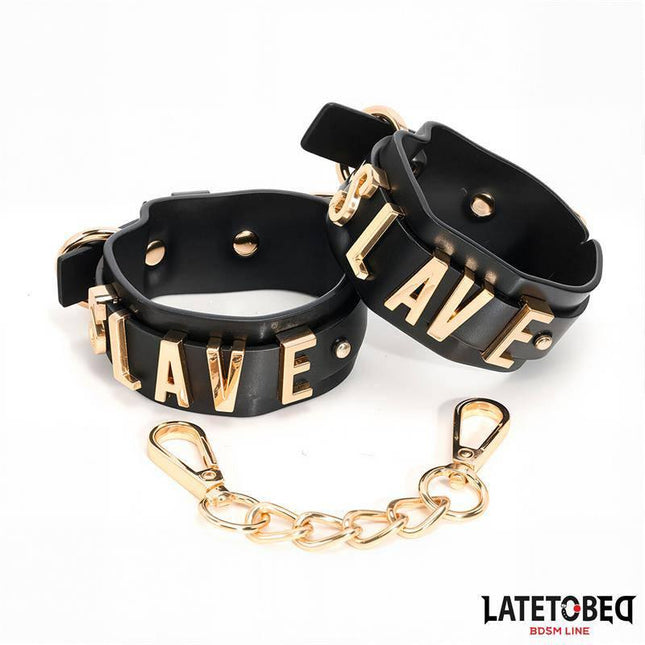 SLAVE Ankle cuff with Golden Chain from Latetobed BDSM Line, featuring PU material with gold accents for adventurous couples.