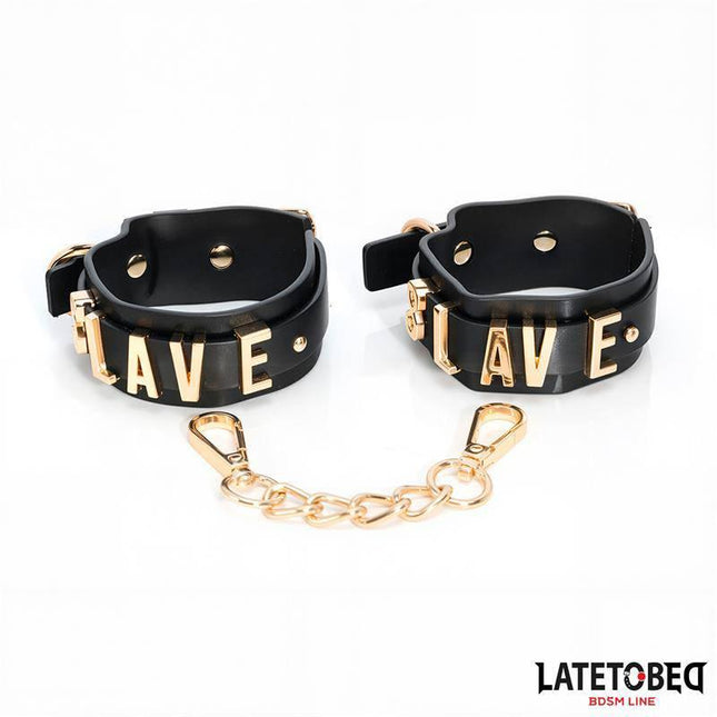 SLAVE Ankle cuff with Golden Chain, black cuff with golden accents, bondage restraint from Latetobed BDSM Line.