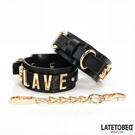 SLAVE Ankle cuff with Golden Chain by Latetobed BDSM Line, featuring durable PU material and metal chain for adventurous play.