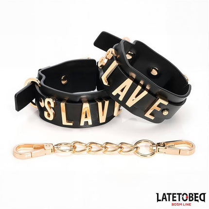 SLAVE Ankle cuff with Golden Chain from Latetobed BDSM Line, featuring black PU with gold lettering and chain, perfect for adventurous play.