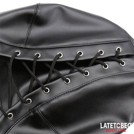 Close-up of the Slave Hood with Eye mask Breathable Gag Ball and Mouth Adjustable from Latetobed BDSM Line, featuring lace-up detail.