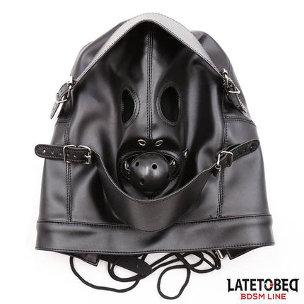 Slave Hood with Eye mask Breathable Gag Ball and Mouth Adjustable - Black leather design for immersive BDSM experience with secure fit.