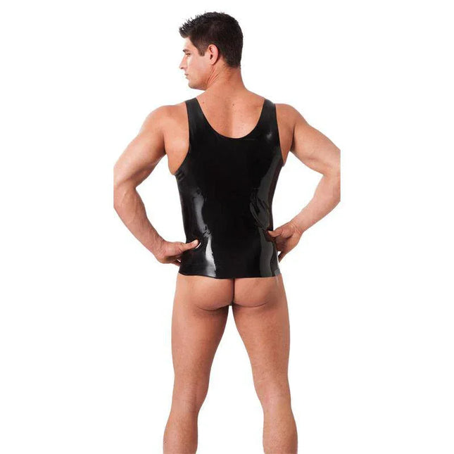Man wearing Sleeveless T-Shirt Latex with glossy finish, showcasing sensual and provocative style.